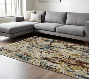 Homeroots 5' Beige Abstract Power Loom Area Rug With Fringe – Stain Resistant, Stylish Design For Any Space 10' X 13' Polyester 575030