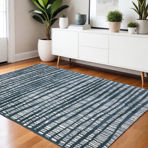 HomeRoots 5' Teal and Ivory Striped Distressed Area Rug - Luxuriously Soft, Stain-Resistant, Versatile Design 4' X 6' 575035
