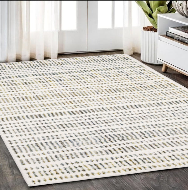 Homeroots 5' Elegant Ivory And Gold Striped Power Loom Area Rug - Stain Resistant, Perfect For Any Decor 5' X 8' Polyester 575038