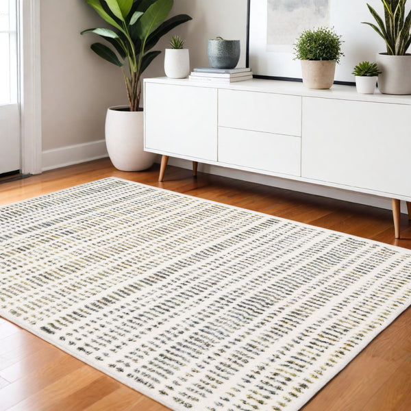 Homeroots 5' Elegant Ivory And Gold Striped Power Loom Area Rug - Stain Resistant, Perfect For Any Decor 4' X 6' Polyester 575040