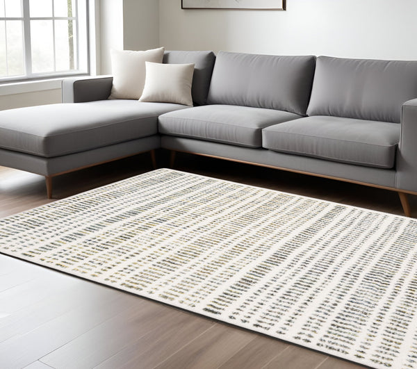 Homeroots 5' Elegant Ivory And Gold Striped Power Loom Area Rug - Stain Resistant, Perfect For Any Decor 8' X 11' Polyester 575042