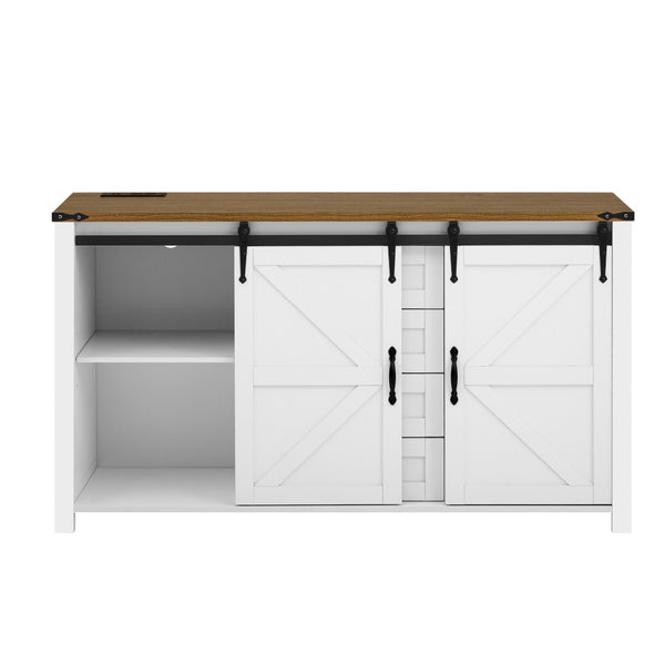English Elm U-style Farmhouse Sideboard Barn Door Buffet with Drawers Built-in Outlet Dining White N711P347377K