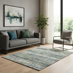 HomeRoots 5' Geometric Green and Blue Area Rug - Modern Design, Soft Pile, Durable, Stain Resistant, Versatile Use 5' X 8' 575063