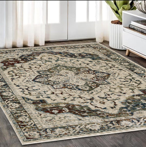 Homeroots 5' Ivory Brown And Red Medallion Area Rug With Fringe – Stain Resistant, Stylish Addition To Any Room 5' X 8' Polyester 575083