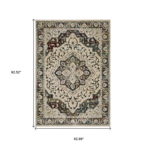 Homeroots 5' Ivory Brown And Red Medallion Area Rug With Fringe – Stain Resistant, Stylish Addition To Any Room 5' X 8' Polyester 575083