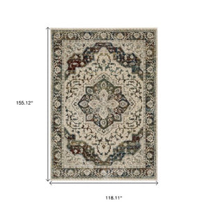 Homeroots 5' Ivory Brown And Red Medallion Area Rug With Fringe – Stain Resistant, Stylish Addition To Any Room 10' X 13' Polyester 575084