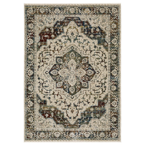 HomeRoots 5' Ivory Brown and Red Medallion Area Rug with Fringe - Timeless Elegance for Any Space 7' X 10' 575085