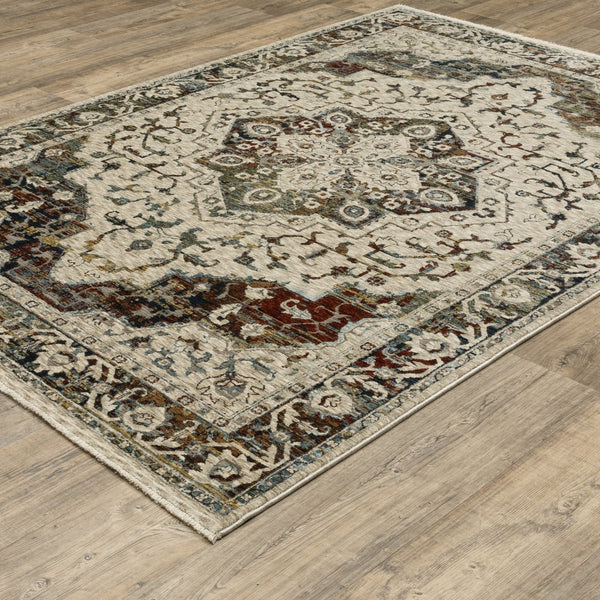 Homeroots 5' Ivory Brown And Red Medallion Area Rug With Fringe – Stain Resistant, Stylish Addition To Any Room 7' X 10' Polyester 575085