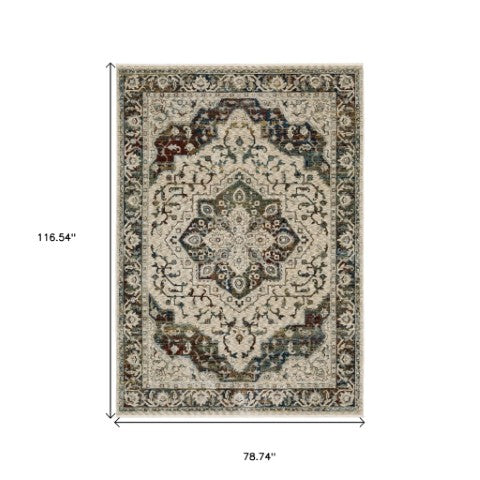 Homeroots 5' Ivory Brown And Red Medallion Area Rug With Fringe – Stain Resistant, Stylish Addition To Any Room 7' X 10' Polyester 575085