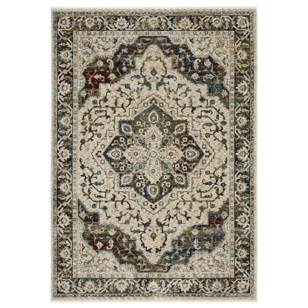 HomeRoots 5' Ivory Brown and Red Medallion Area Rug with Fringe - Timeless Elegance for Any Space 8' X 11' 575086