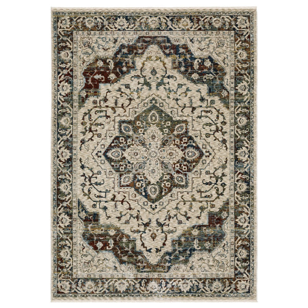 Homeroots 5' Ivory Brown And Red Medallion Area Rug With Fringe – Stain Resistant, Stylish Addition To Any Room 8' X 11' Polyester 575086