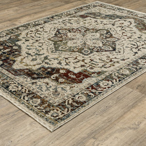 HomeRoots 5' Ivory Brown and Red Medallion Area Rug with Fringe - Timeless Elegance for Any Space 8' X 11' 575086