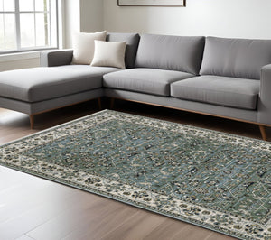 HomeRoots 10' Blue and Green Floral Area Rug with Fringe – Durable, Stain-Resistant Design for Elegant Spaces 10' X 13' 575108
