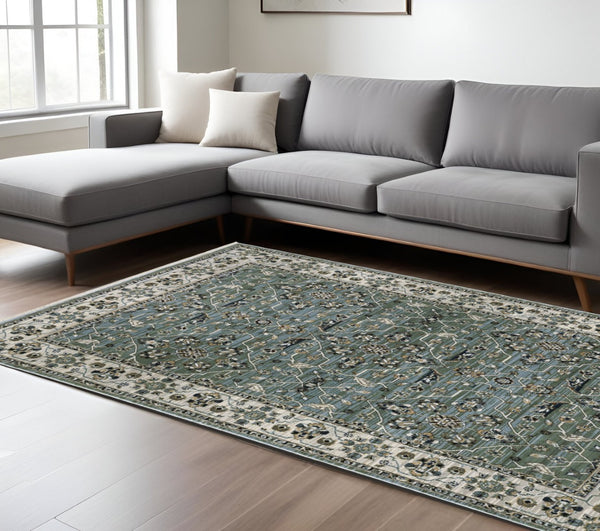 HomeRoots 10' Blue and Green Floral Area Rug with Fringe – Durable, Stain-Resistant Design for Elegant Spaces 10' X 13' 575108