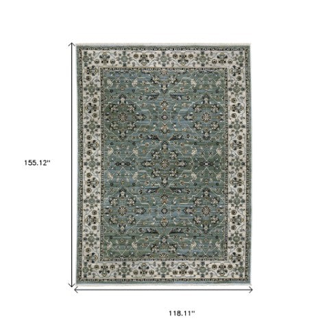 Homeroots 10' Blue Floral Area Rug With Fringe – Stain Resistant, Stylish Design For Family Living Spaces 10' X 13' Polyester 575108