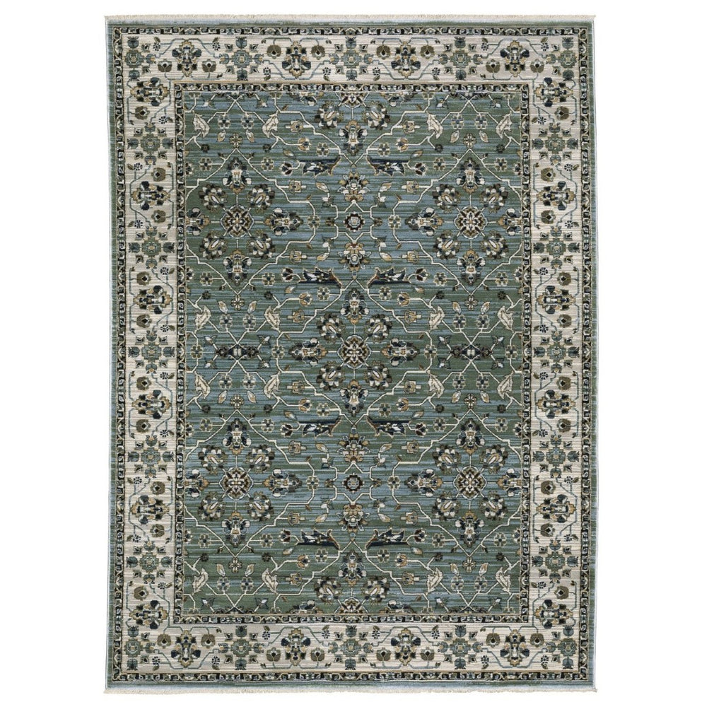 HomeRoots 10' Blue and Green Floral Area Rug with Fringe – Durable, Stain-Resistant Design for Elegant Spaces 8' X 11' 575110