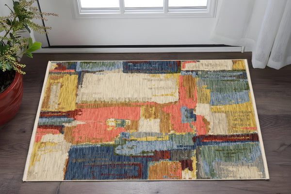 Homeroots 2' Colorful Pink Blue And Yellow Abstract Area Rug With Chic Fringe - Elevate Your Space Instantly! 2' X 3' Wool Blend 575192