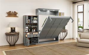 English Elm Queen Murphy Bed with Wine Rack Glass Holder Led Lighting and Cabinet White Gray LP000391AAE