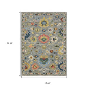 Homeroots 2' Gray Blue And Yellow Oriental Area Rug With Fringe – Stylish Design To Enhance Your Home Decor 2' X 3' Wool Blend 575201