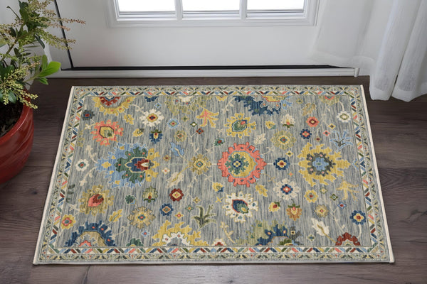 Homeroots 2' Gray Blue And Yellow Oriental Area Rug With Fringe – Stylish Design To Enhance Your Home Decor 2' X 3' Wool Blend 575201