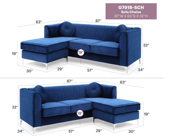 English Elm Delray Channel Quilted Velvet Sectional Sofa Chaise with Glam Chrome Legs Navy Blue B078S00075