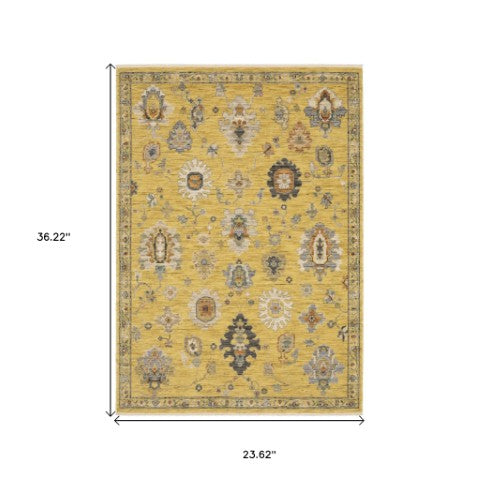 Homeroots 2' Yellow Oriental Area Rug With Fringe - Timeless Design For Cozy Home Decor And Warmth 2' X 3' Wool Blend 575208