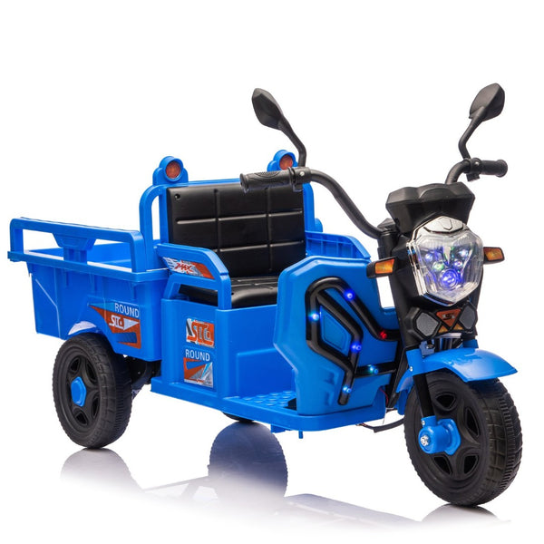 English Elm 12v Kids Electric Cargo Trike with Led Lights Wide Seat Anti-slip Wheels Toddler Ride On Blue W1578P336050