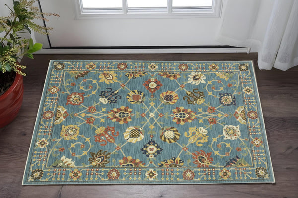 HomeRoots 5' Timeless Blue Yellow Ivory Oriental Area Rug - Durable, Elegant Design with Stylish Fringe Finish 3' X 5' 575215