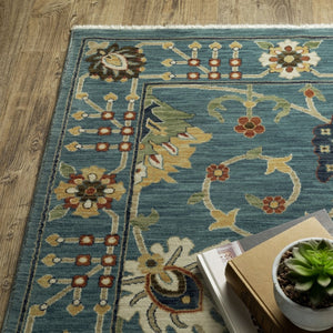 HomeRoots 5' Timeless Blue Yellow Ivory Oriental Area Rug - Durable, Elegant Design with Stylish Fringe Finish 3' X 5' 575215