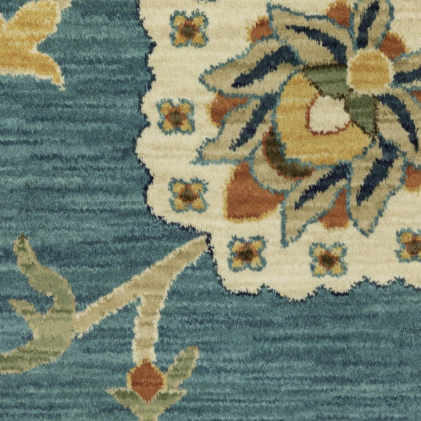 HomeRoots 5' Timeless Blue Yellow Ivory Oriental Area Rug - Durable, Elegant Design with Stylish Fringe Finish 3' X 5' 575215