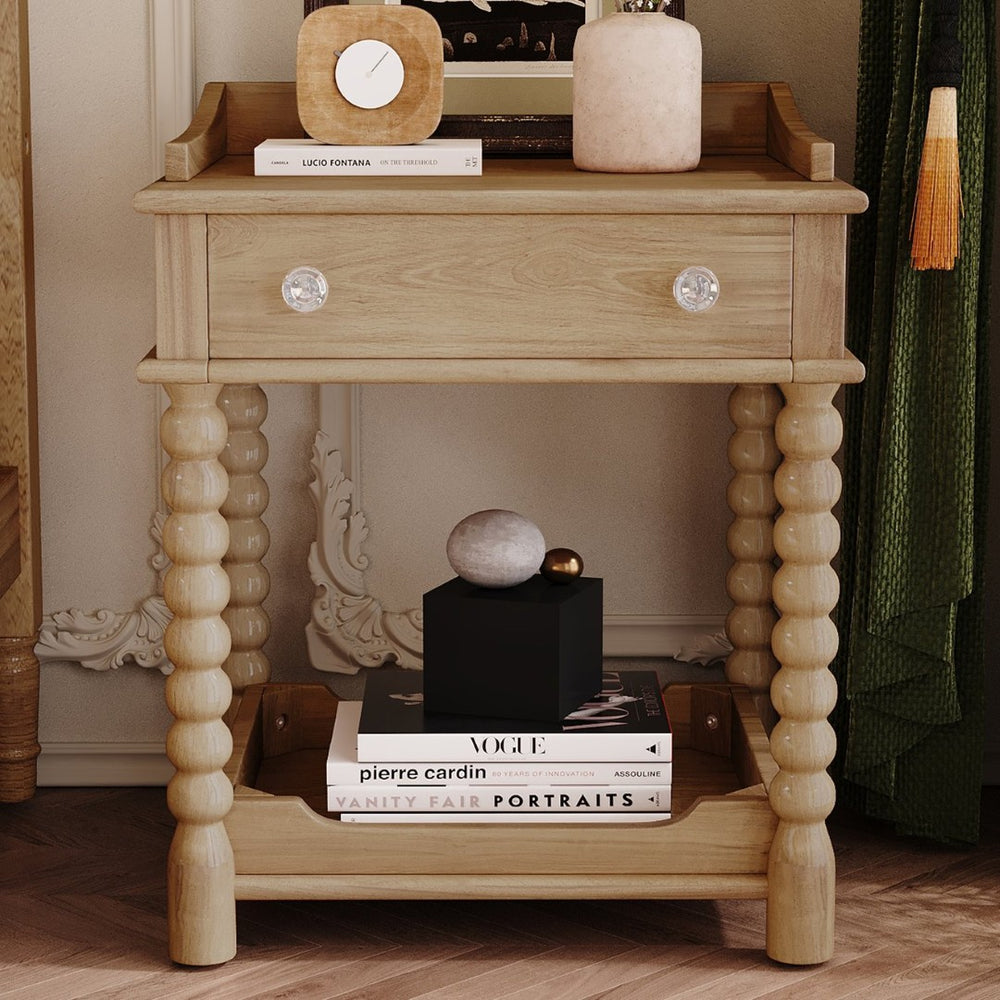 English Elm Retro Bedside Nightstand with Turned Rubberwood Legs Open Shelf and Drawer Storage Natural N733P206240M