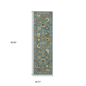 HomeRoots 5' Timeless Blue Yellow Ivory Oriental Area Rug - Durable, Elegant Design with Stylish Fringe Finish 8' Runner 575216