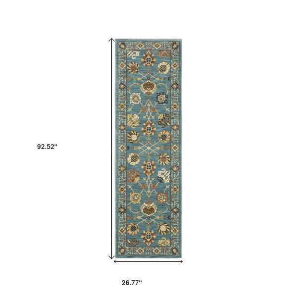 HomeRoots 5' Timeless Blue Yellow Ivory Oriental Area Rug - Durable, Elegant Design with Stylish Fringe Finish 8' Runner 575216