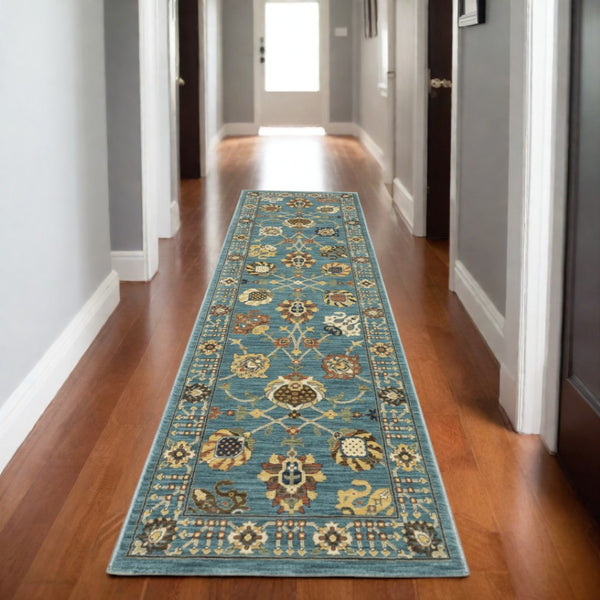 HomeRoots 5' Timeless Blue Yellow Ivory Oriental Area Rug - Durable, Elegant Design with Stylish Fringe Finish 8' Runner 575216