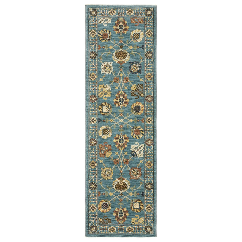 HomeRoots 5' Timeless Blue Yellow Ivory Oriental Area Rug - Durable, Elegant Design with Stylish Fringe Finish 8' Runner 575216