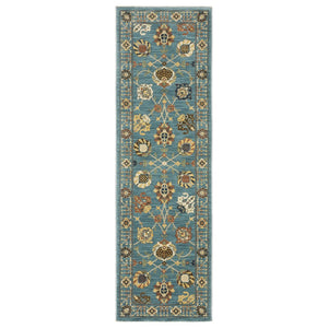 HomeRoots 5' Timeless Blue Yellow Ivory Oriental Area Rug - Durable, Elegant Design with Stylish Fringe Finish 8' Runner 575216