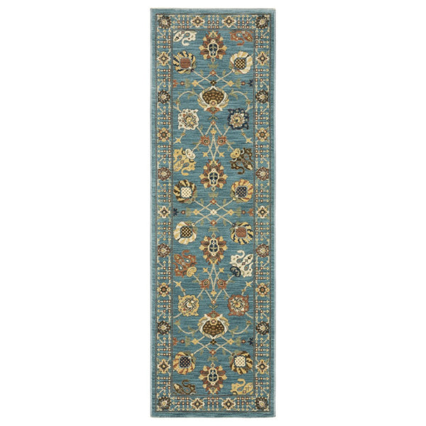 HomeRoots 5' Timeless Blue Yellow Ivory Oriental Area Rug - Durable, Elegant Design with Stylish Fringe Finish 8' Runner 575216