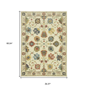 HomeRoots 5' Timeless Blue Yellow Ivory Oriental Area Rug - Durable, Elegant Design with Stylish Fringe Finish 3' X 5' 575217