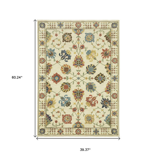 HomeRoots 5' Timeless Blue Yellow Ivory Oriental Area Rug - Durable, Elegant Design with Stylish Fringe Finish 3' X 5' 575217