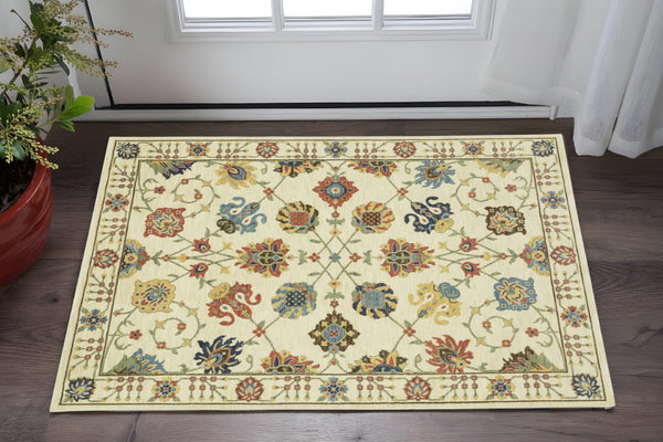 HomeRoots 5' Timeless Blue Yellow Ivory Oriental Area Rug - Durable, Elegant Design with Stylish Fringe Finish 3' X 5' 575217