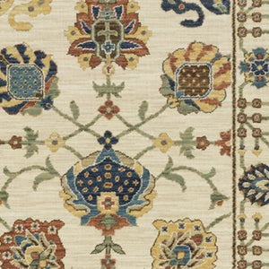 HomeRoots 5' Timeless Blue Yellow Ivory Oriental Area Rug - Durable, Elegant Design with Stylish Fringe Finish 8' Runner 575218