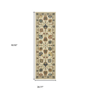 HomeRoots 5' Timeless Blue Yellow Ivory Oriental Area Rug - Durable, Elegant Design with Stylish Fringe Finish 8' Runner 575218