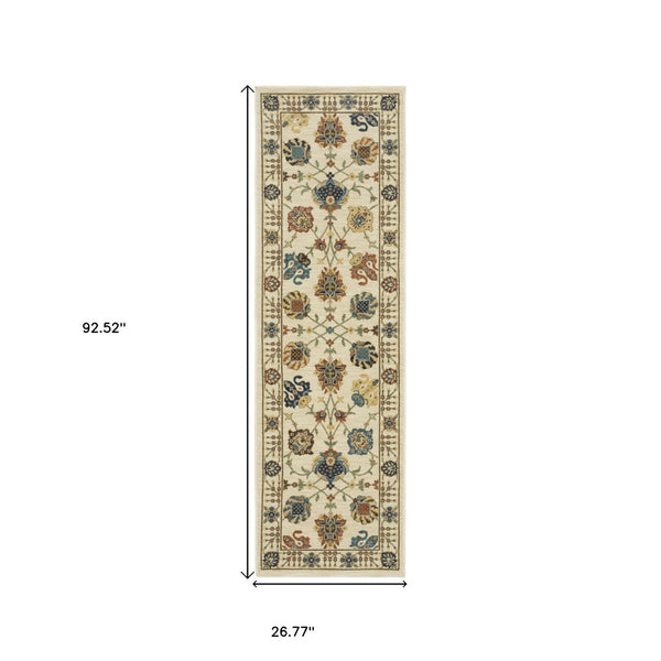 HomeRoots 5' Timeless Blue Yellow Ivory Oriental Area Rug - Durable, Elegant Design with Stylish Fringe Finish 8' Runner 575218