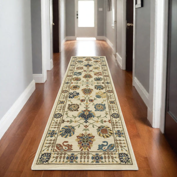 HomeRoots 5' Timeless Blue Yellow Ivory Oriental Area Rug - Durable, Elegant Design with Stylish Fringe Finish 8' Runner 575218