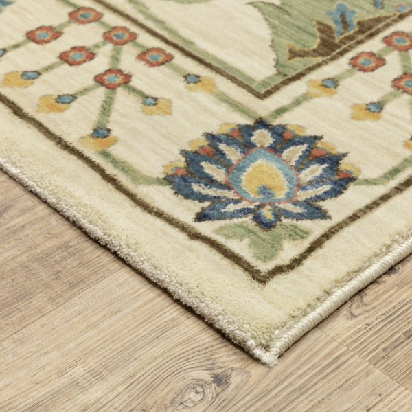 HomeRoots 5' Timeless Blue Yellow Ivory Oriental Area Rug - Durable, Elegant Design with Stylish Fringe Finish 8' Runner 575218