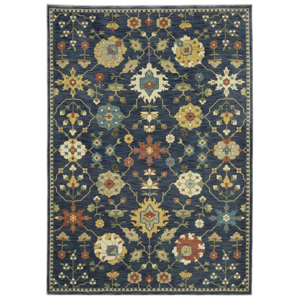 HomeRoots 5' Timeless Blue and Gold Oriental Area Rug with Fringe - Durable, Stain-Resistant Elegance for Any Room 3' X 5' 575219