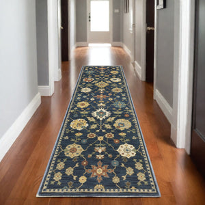 Homeroots 5' Blue Oriental Area Rug With Fringe – Stain Resistant, Stylish Design Perfect For Any Room Decor 8' Runner Polypropylene 575220