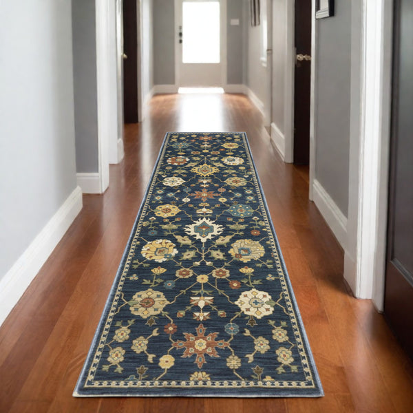 Homeroots 5' Blue Oriental Area Rug With Fringe – Stain Resistant, Stylish Design Perfect For Any Room Decor 8' Runner Polypropylene 575220