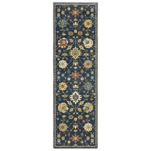 HomeRoots 5' Timeless Blue and Gold Oriental Area Rug with Fringe - Durable, Stain-Resistant Elegance for Any Room 8' Runner 575220