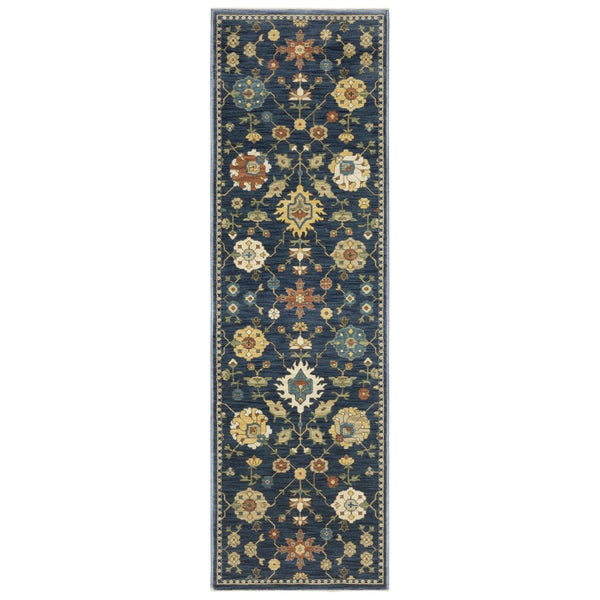 HomeRoots 5' Timeless Blue and Gold Oriental Area Rug with Fringe - Durable, Stain-Resistant Elegance for Any Room 8' Runner 575220
